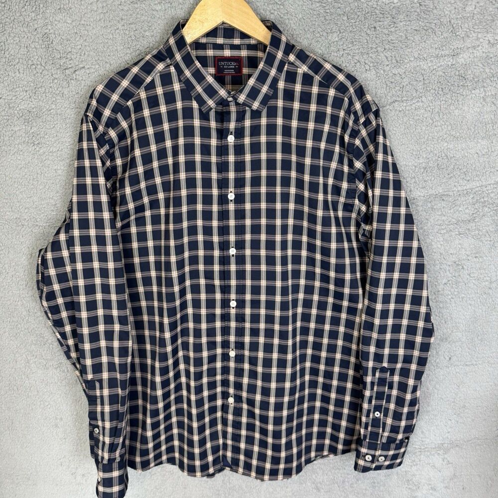 S Untuckit Shirt Men's XXL Blue Check Long Sleeve Button Down‎ Polyester